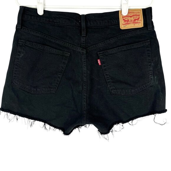 Levis 501 Women's Stretch Raw Hem Black Denim Shorts Size 30 Mid Rise Fly Button - Picture 2 of 11